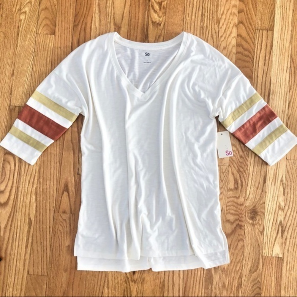 NWT 3/4 Length White Top with Striped Sleeves